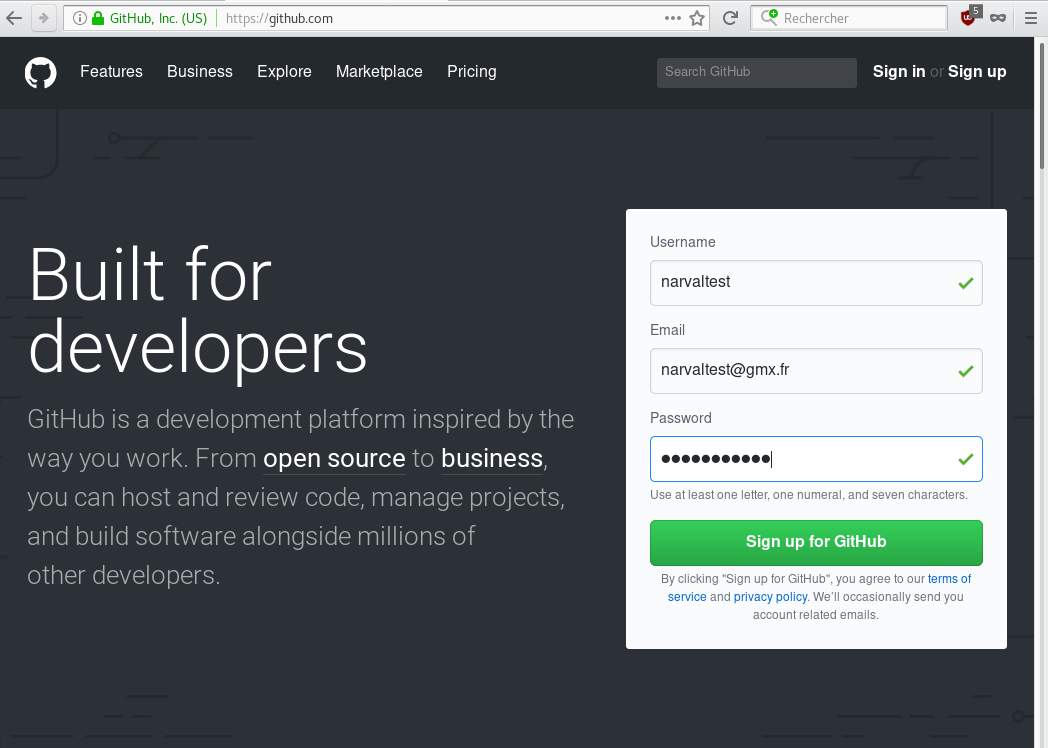 Page d’inscription sur Github.